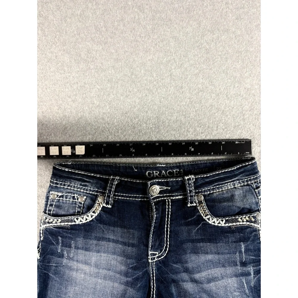 Grace in LA Easy Fit Denim Shorts Women 27 Blue Dark Wash Y2K Distressed Raw Hem